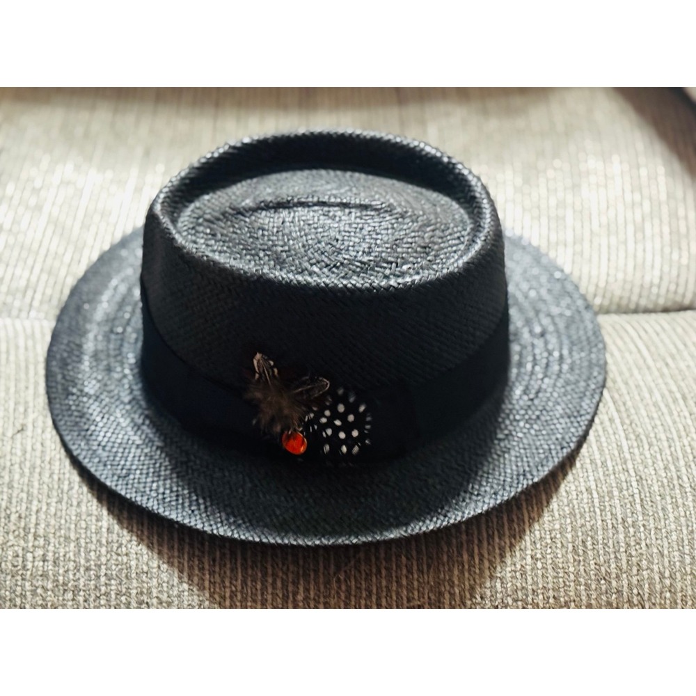 Bruno Capelo Mens Black Straw Fedora Hat Gamblers Collection Orange Button Small